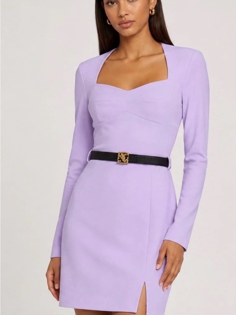 BCBG Lilac Square-Neck Long-Sleeve Mini Dress
